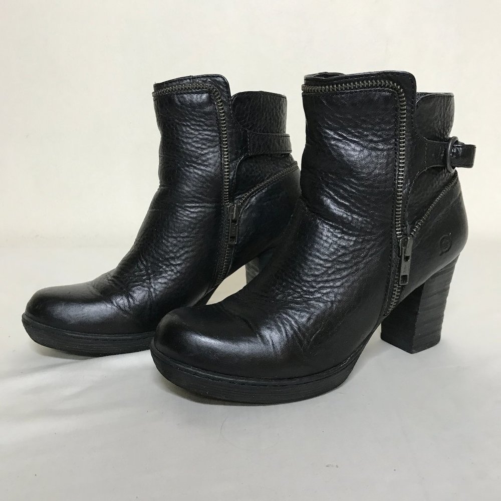 Born Size 7.5 Moto Zipper Trim Detail 3" Stack Heel Ankle Boots With Buckles